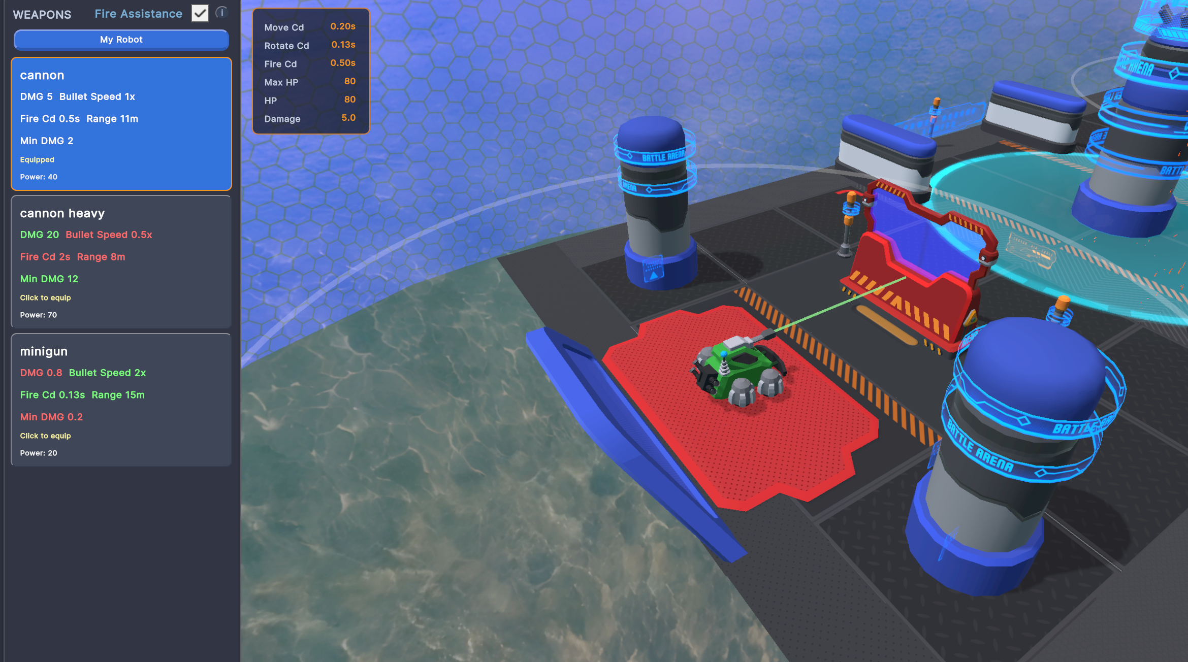 Accessories weapons page with Fire Assistance enabled, approximate weapon range circle, and laser aim line.
