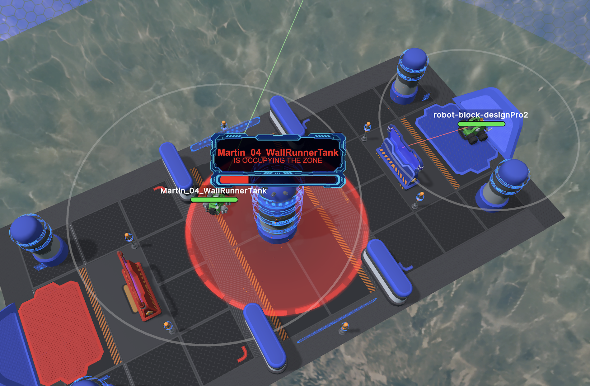 Robot Arena showing two programmable robots, obstacles and the central capture zone