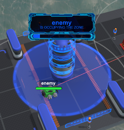 One robot alone in the center capture zone with capture progress visible.
