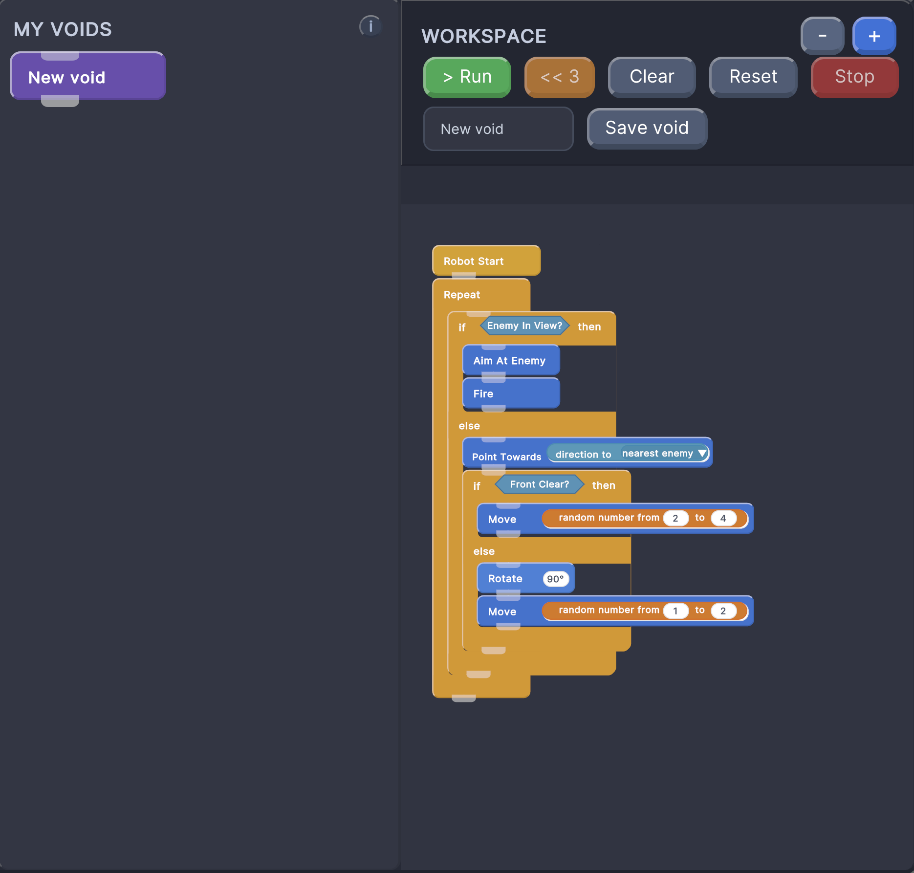 MY VOIDS page showing Robot Start logic, a void name field, and Save void button.